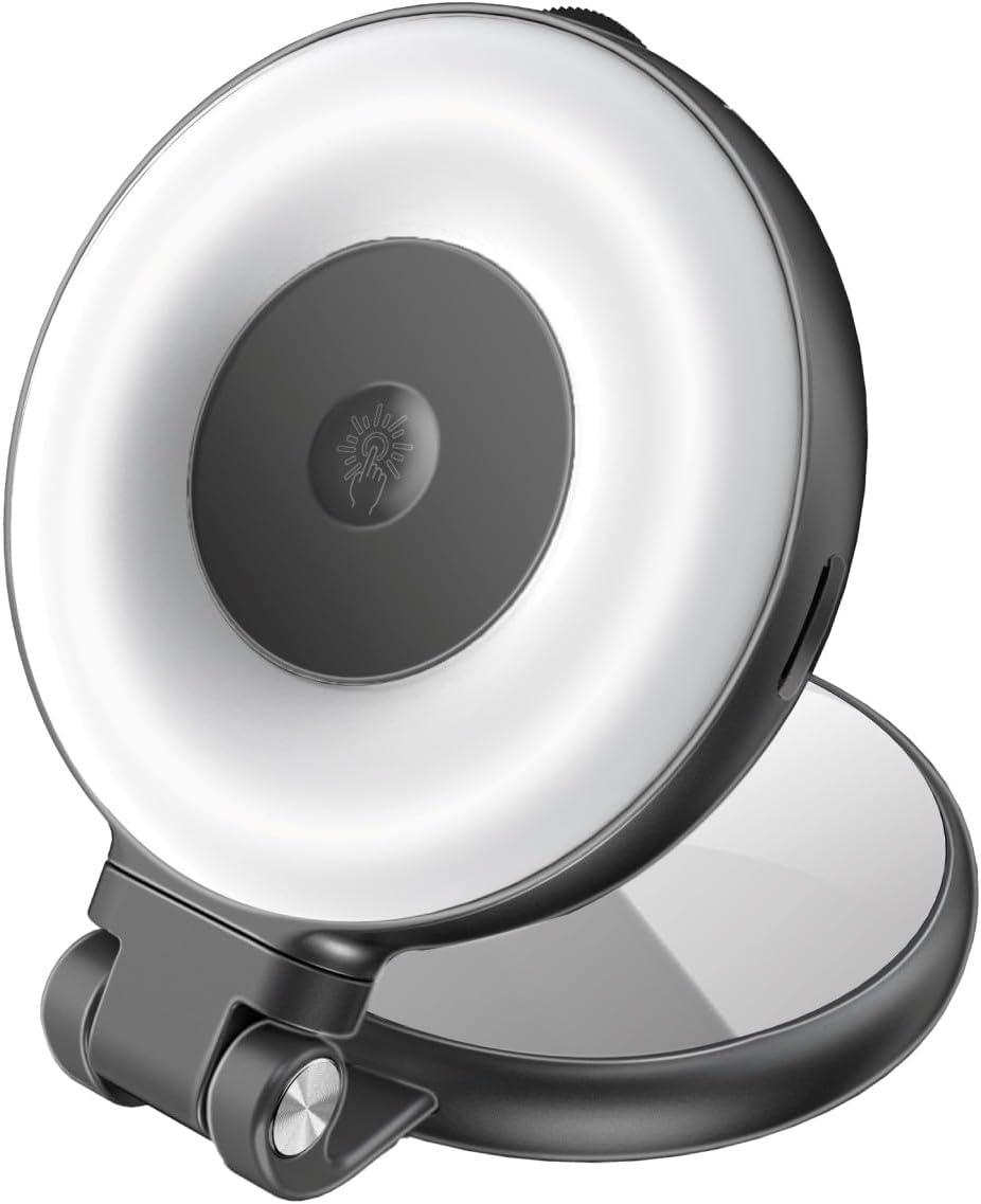 Promate Portable MagSafe-Compatible Selfie Light High-Capacity Rechargeable Battery, Triple LED Modes, Built-In Mirror, 180° Flip,360° Rotation, Extendable Arm, Wide Compatibility, MagHalo-Pro Black
