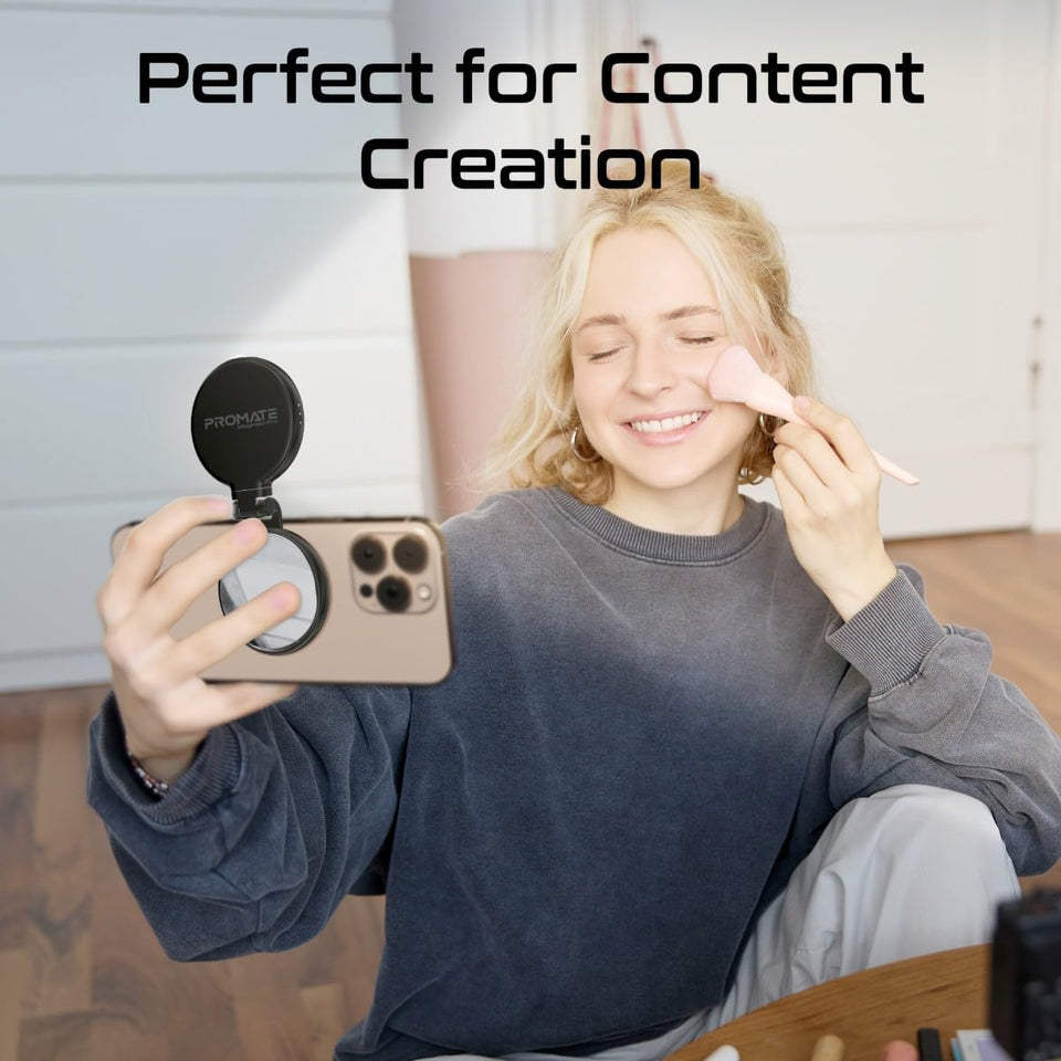 Promate Portable MagSafe-Compatible Selfie Light High-Capacity Rechargeable Battery, Triple LED Modes, Built-In Mirror, 180° Flip,360° Rotation, Extendable Arm, Wide Compatibility, MagHalo-Pro Black