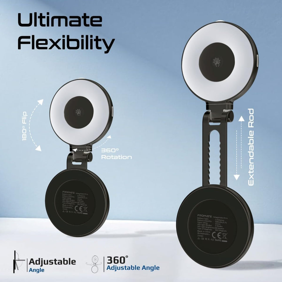 Promate Portable MagSafe-Compatible Selfie Light High-Capacity Rechargeable Battery, Triple LED Modes, Built-In Mirror, 180° Flip,360° Rotation, Extendable Arm, Wide Compatibility, MagHalo-Pro Black