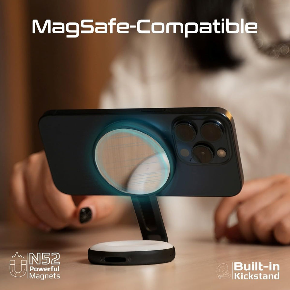 Promate Portable MagSafe-Compatible Selfie Light High-Capacity Rechargeable Battery, Triple LED Modes, Built-In Mirror, 180° Flip,360° Rotation, Extendable Arm, Wide Compatibility, MagHalo-Pro Black