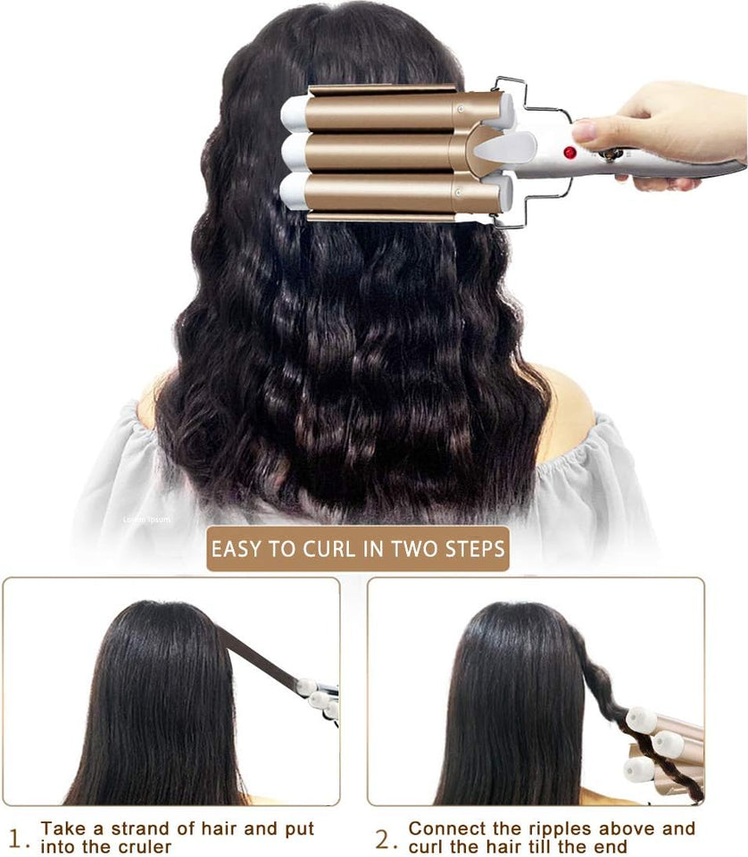 Three Barrel Hair Waver 25MM Big Wave Hair Curling Iron Wand with Two Speed Temperature Control, Ceramic Tourmaline Triple Barrels, Dual Voltage Crimp