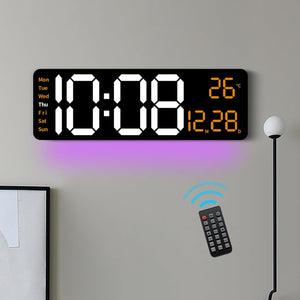 oviouit 16.2" Digital Wall Clock with Remote Control, Large Display, LED Clock for Living Room, Bedroom, Auto-Dimming, 9 Color Night Light, Auto DST, Date, Week, Temperature (Rectangle-Orange)