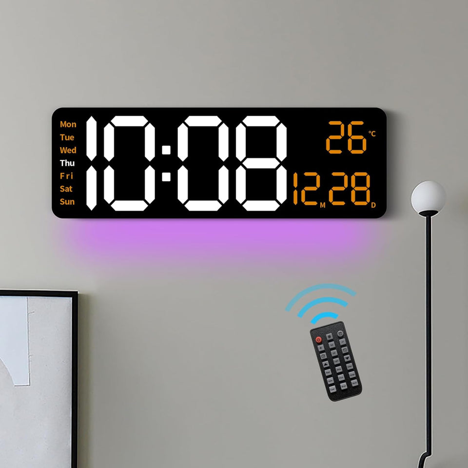 oviouit 16.2" Digital Wall Clock with Remote Control, Large Display, LED Clock for Living Room, Bedroom, Auto-Dimming, 9 Color Night Light, Auto DST, Date, Week, Temperature (Rectangle-Orange)