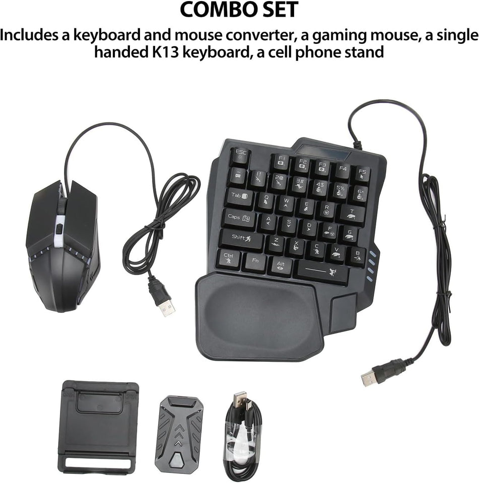 Bewinner Half Hand Gaming Keyboard and Mouse Combo, 4 in 1 Mobile Game Combo Pack, Mobile Gamepad Controller, One Handed Gaming Keyboard, Mouse Converter, Adjustable Phone Stand, 03NUPGTBVW
