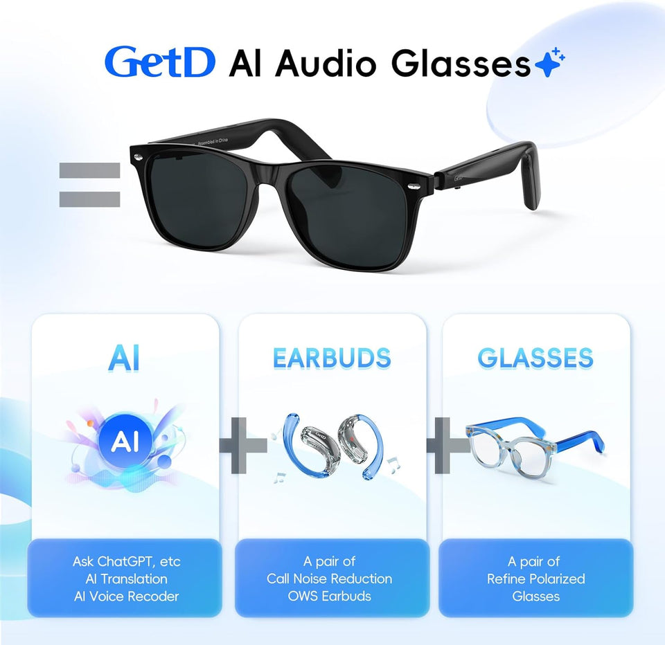 GetD AI Glasses, AI Assistant Powered by ChatGPT, Smart Glasses, Polarised Sunglasses, Bluetooth Smart Sunglasses for Men and Women, 2-in-1 Headphones and Glasses