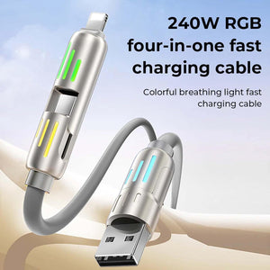 240W 4-in-1 USB C Cable, PD 5A Multi Fast Charging Cable with Breathing Light, 4FT Liquid Silicone Type C Charger Cord for iPhone, Laptop, Multi-Device Charging (Gray)