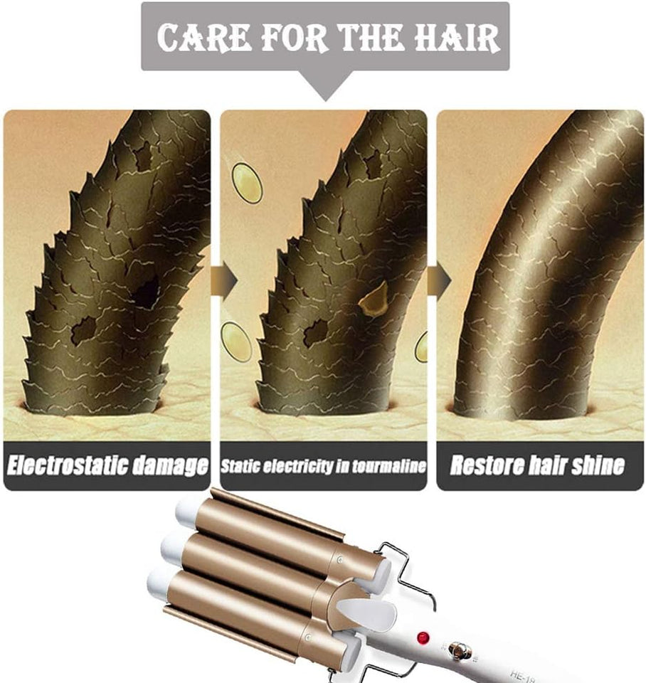 Three Barrel Hair Waver 25MM Big Wave Hair Curling Iron Wand with Two Speed Temperature Control, Ceramic Tourmaline Triple Barrels, Dual Voltage Crimp