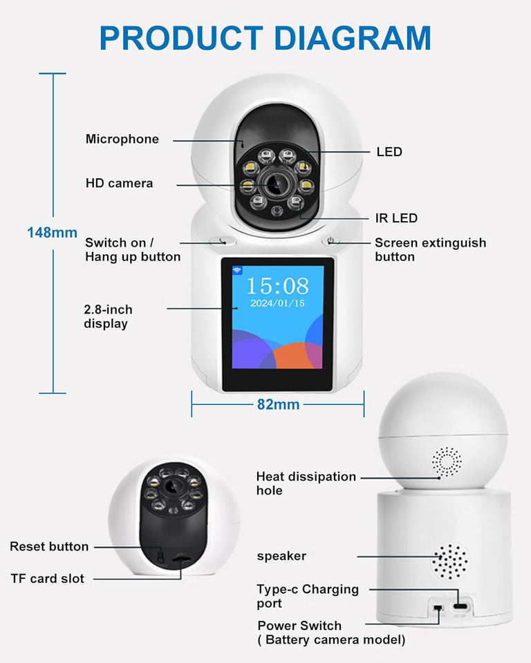 INSEETECH 2K Two-Way Video Calling Indoor Camera with 2.8-Inch IPS Screen, Baby/Elder/Dog/Pet Camera with Phone App, Smart Voice & One-Button Call, Human/Sound/Crying Detection, Color/IR Night Vision