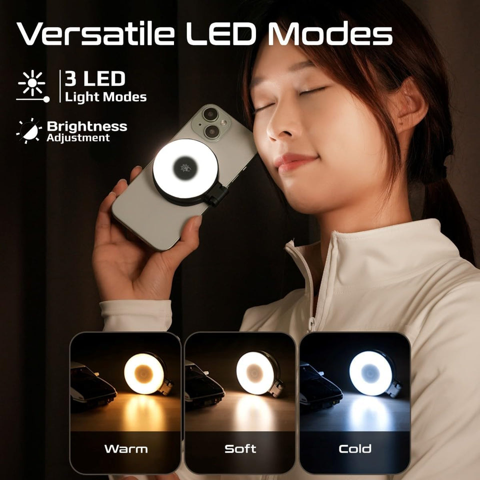 Promate Portable MagSafe-Compatible Selfie Light High-Capacity Rechargeable Battery, Triple LED Modes, Built-In Mirror, 180° Flip,360° Rotation, Extendable Arm, Wide Compatibility, MagHalo-Pro Black