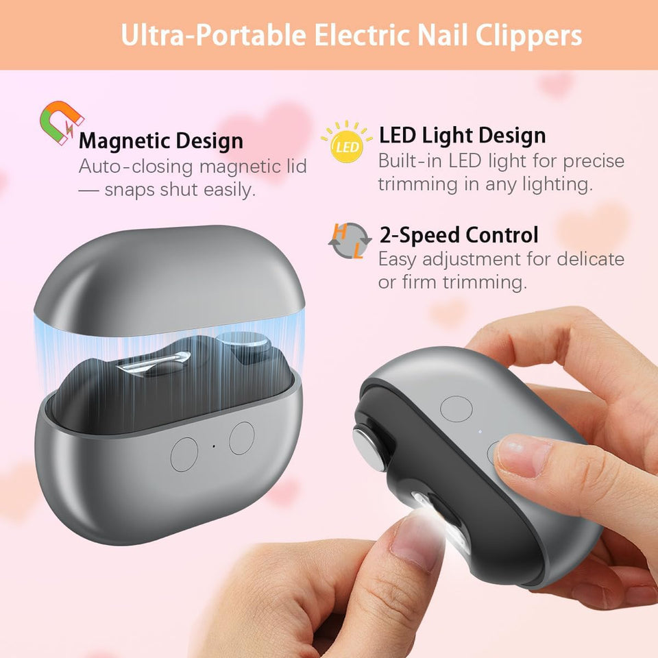 Electric Nail Clipper with Polishing, RIMOL 3-in-1 Automatic Nail Trimmer with LED Light & Nail Scraps Storage, Painless Grooming for Adults, Seniors, Women, Men and Kids (Matte Gray & Black)