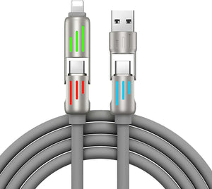 240W 4-in-1 USB C Cable, PD 5A Multi Fast Charging Cable with Breathing Light, 4FT Liquid Silicone Type C Charger Cord for iPhone, Laptop, Multi-Device Charging (Gray)