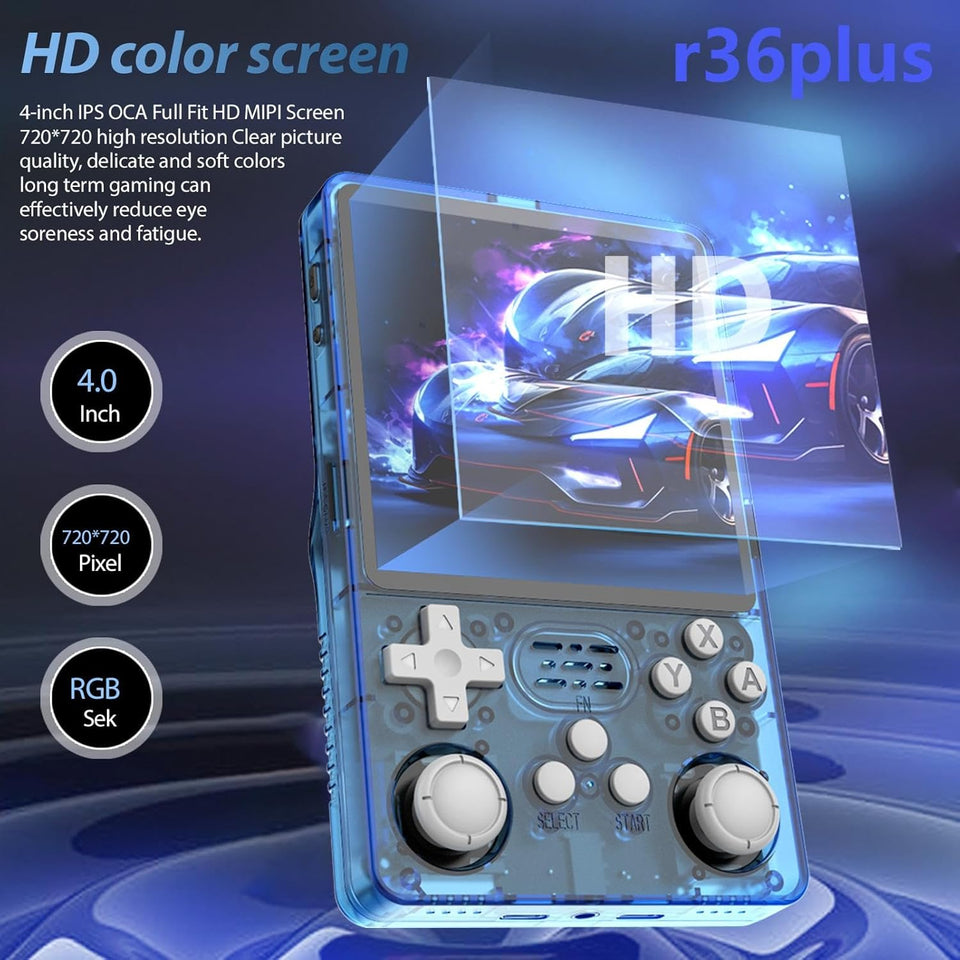 R36plus Retro Handheld Game Console 4.0 inch IPS Screen , Portable emulators Built-in 64G Card 26+ emulators ，preinstalled 15000+ Game（Transparent Black）