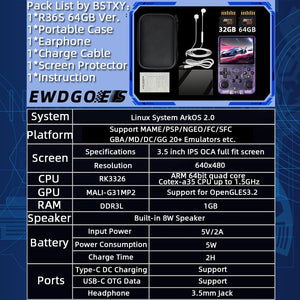 EWDGOES R36S Handheld Game Console 3.5 inch Preinstalled Emulator System Transparent Purple 32GB+64GB