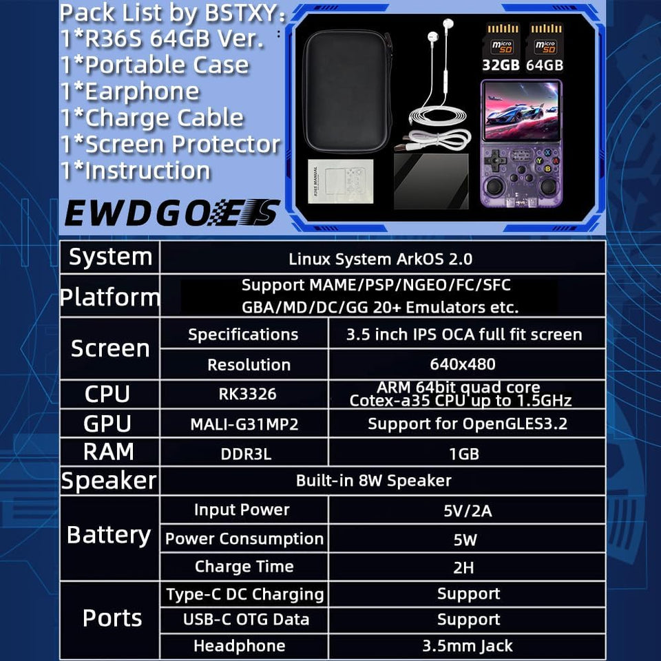 EWDGOES R36S Handheld Game Console 3.5 inch Preinstalled Emulator System Transparent Purple 32GB+64GB