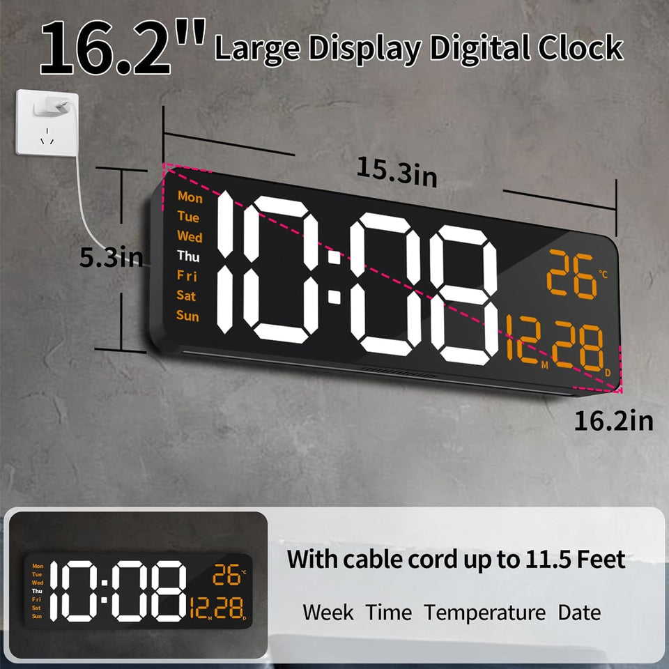 oviouit 16.2" Digital Wall Clock with Remote Control, Large Display, LED Clock for Living Room, Bedroom, Auto-Dimming, 9 Color Night Light, Auto DST, Date, Week, Temperature (Rectangle-Orange)