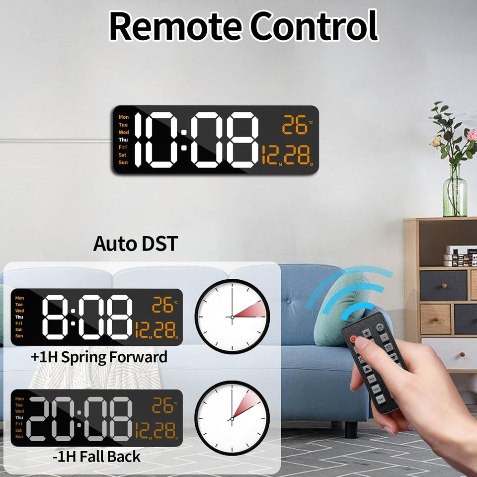 oviouit 16.2" Digital Wall Clock with Remote Control, Large Display, LED Clock for Living Room, Bedroom, Auto-Dimming, 9 Color Night Light, Auto DST, Date, Week, Temperature (Rectangle-Orange)