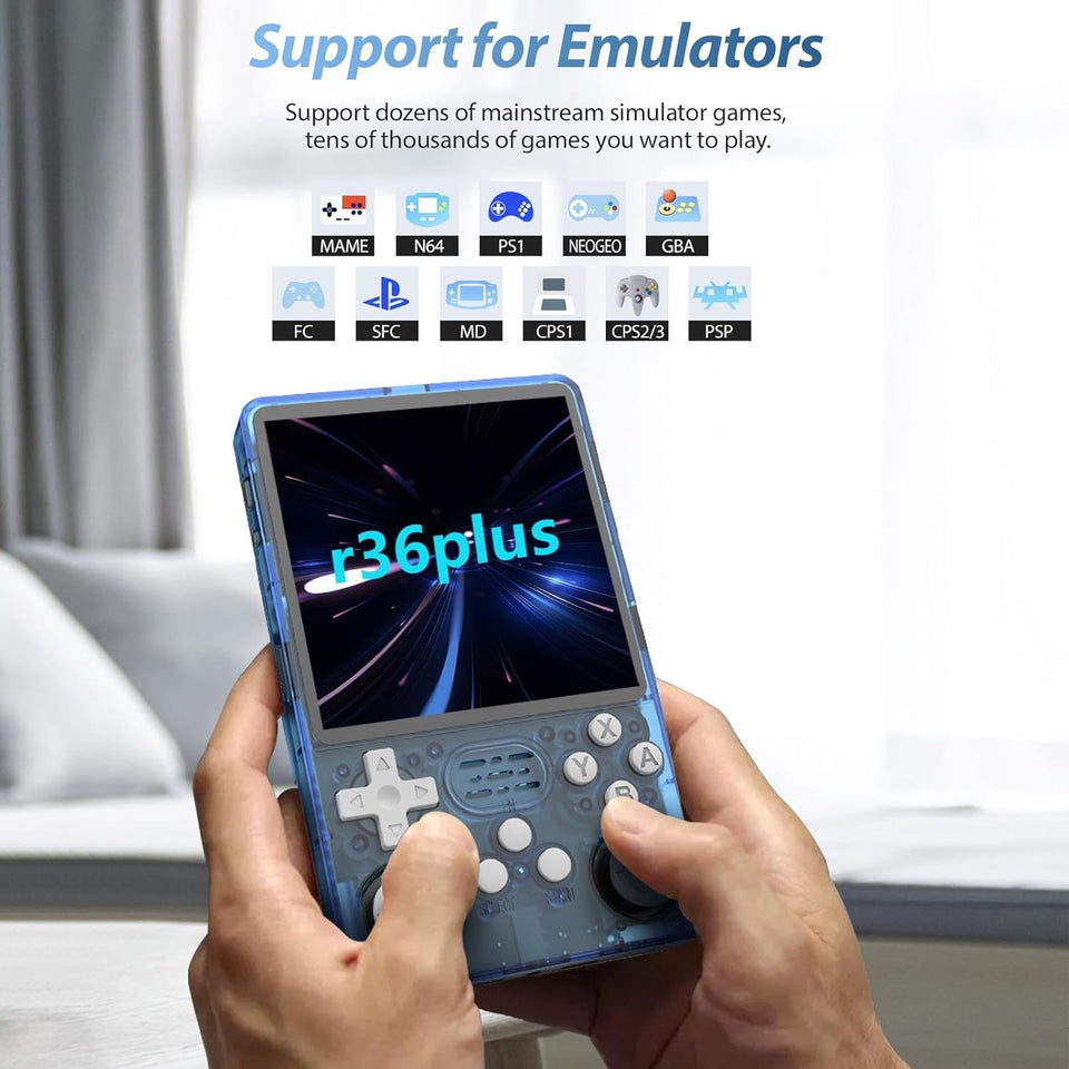 R36plus Retro Handheld Game Console 4.0 inch IPS Screen , Portable emulators Built-in 64G Card 26+ emulators ，preinstalled 15000+ Game（Transparent Black）
