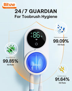 Bitvae Toothbrush Cleaner, UV-C Cleaning and Air Drying, LED Smart Screen, Rechargeable Wall Mount Toothbrush Holder, White