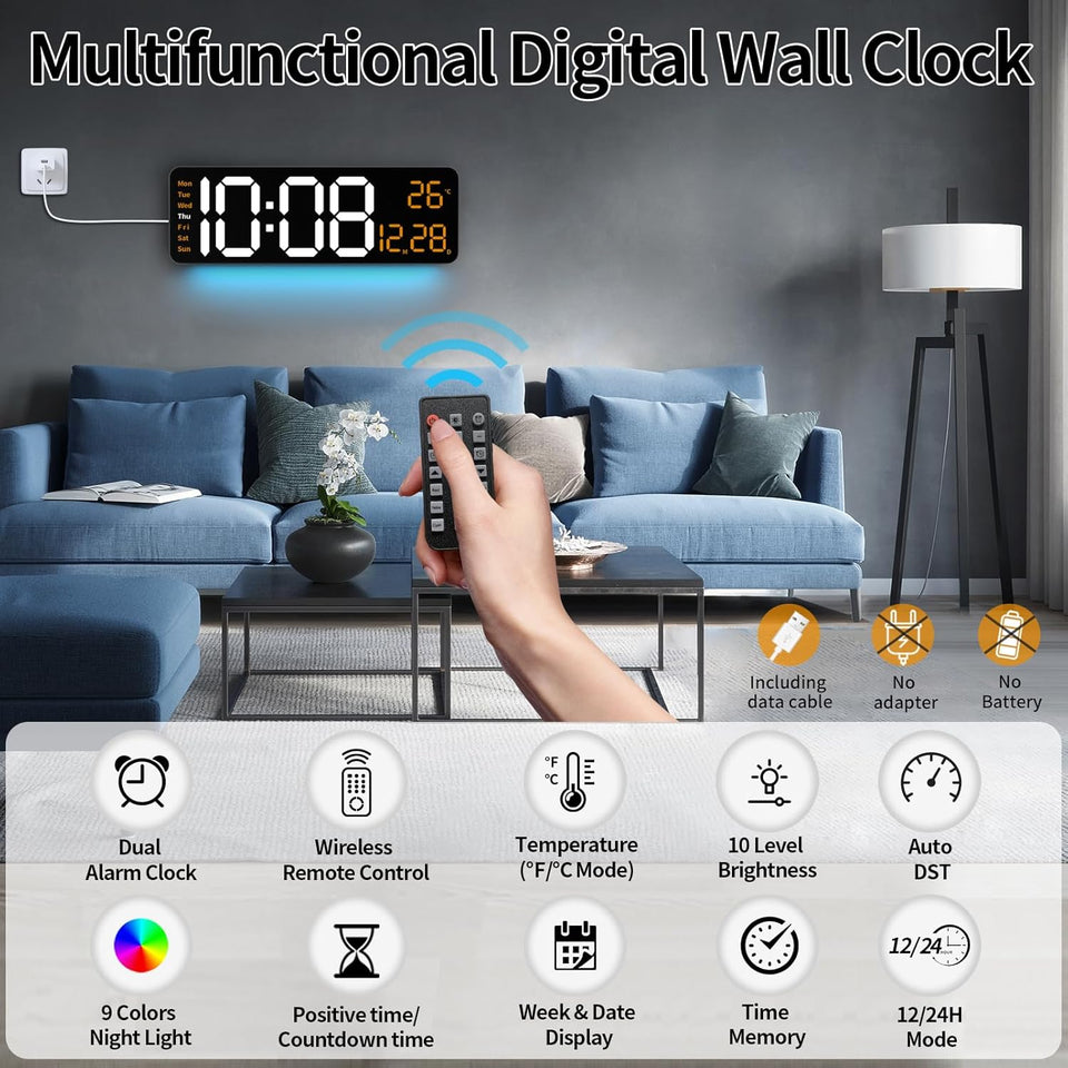 oviouit 16.2" Digital Wall Clock with Remote Control, Large Display, LED Clock for Living Room, Bedroom, Auto-Dimming, 9 Color Night Light, Auto DST, Date, Week, Temperature (Rectangle-Orange)