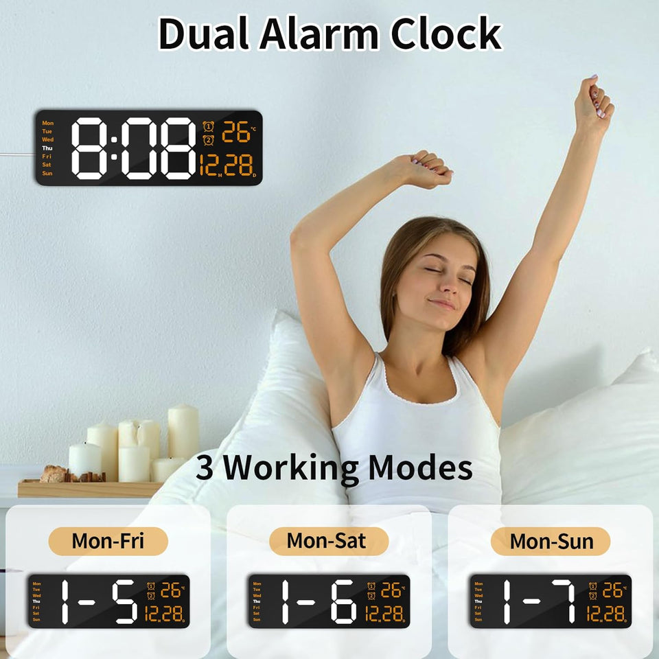 oviouit 16.2" Digital Wall Clock with Remote Control, Large Display, LED Clock for Living Room, Bedroom, Auto-Dimming, 9 Color Night Light, Auto DST, Date, Week, Temperature (Rectangle-Orange)