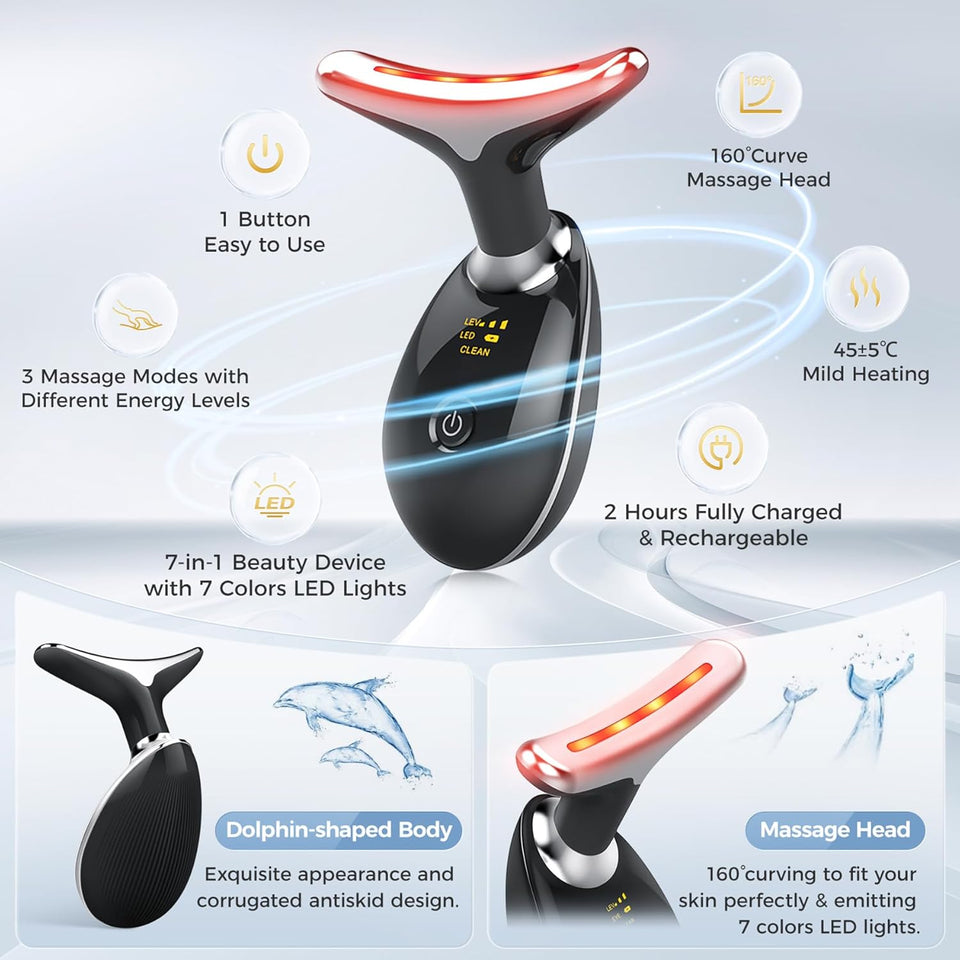 MCSYPOAL 7-in-1 Deplux Face Neck Massager for Skin Tightening, Wrinkle Removal, Anti Aging, Glossy Black