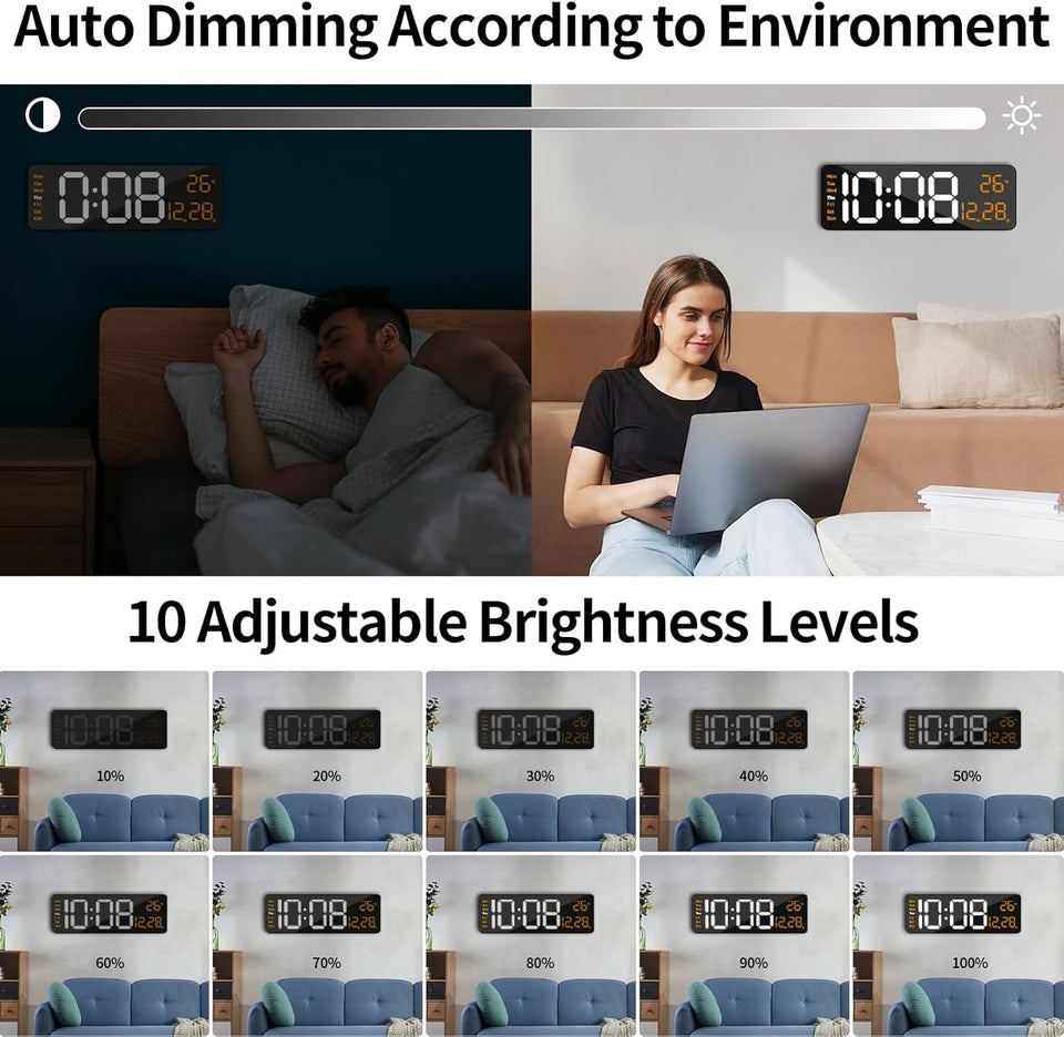 oviouit 16.2" Digital Wall Clock with Remote Control, Large Display, LED Clock for Living Room, Bedroom, Auto-Dimming, 9 Color Night Light, Auto DST, Date, Week, Temperature (Rectangle-Orange)