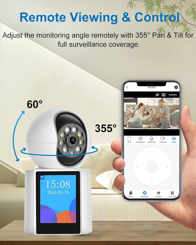 INSEETECH 2K Two-Way Video Calling Indoor Camera with 2.8-Inch IPS Screen, Baby/Elder/Dog/Pet Camera with Phone App, Smart Voice & One-Button Call, Human/Sound/Crying Detection, Color/IR Night Vision
