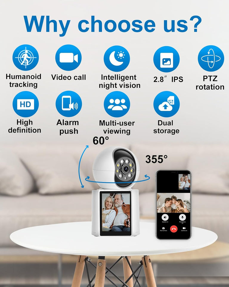 INSEETECH 2K Two-Way Video Calling Indoor Camera with 2.8-Inch IPS Screen, Baby/Elder/Dog/Pet Camera with Phone App, Smart Voice & One-Button Call, Human/Sound/Crying Detection, Color/IR Night Vision
