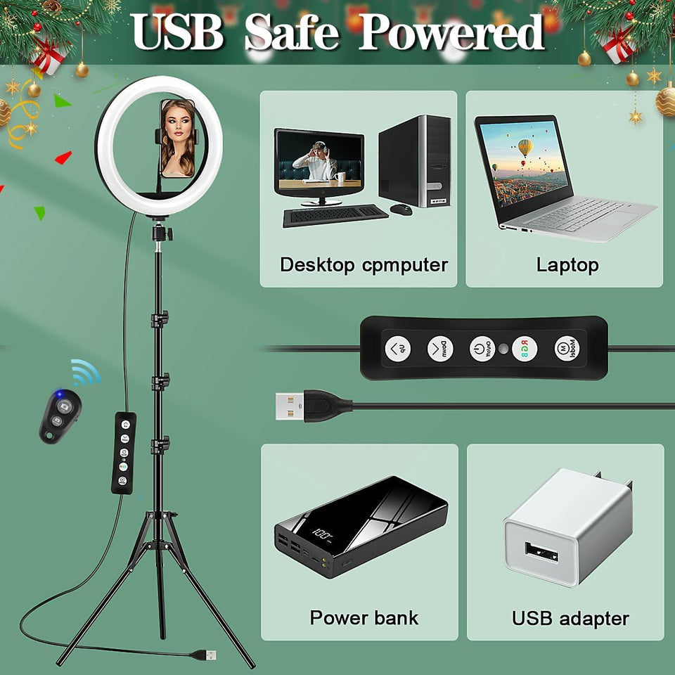 AWH Ring Light with Tripod Stand & Phone Holder - 10 inch Selfie LED Ringlight Dimmable Desktop Lamp 40 Colors RGB Tall Circle Light for Camera Makeup Video YouTube TikTok Live Streaming Zoom Meeting