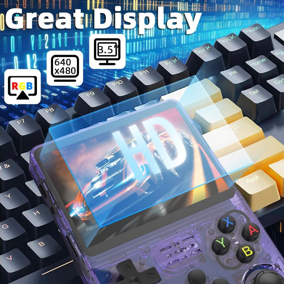 EWDGOES R36S Handheld Game Console 3.5 inch Preinstalled Emulator System Transparent Purple 32GB+64GB