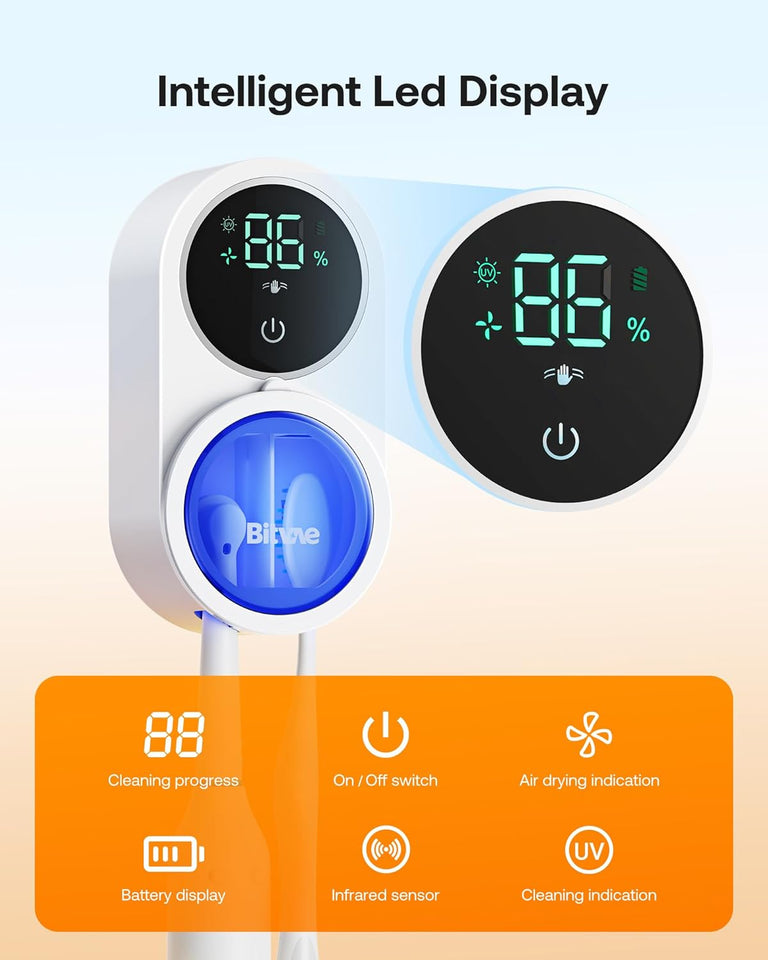 Bitvae Toothbrush Cleaner, UV-C Cleaning and Air Drying, LED Smart Screen, Rechargeable Wall Mount Toothbrush Holder, White