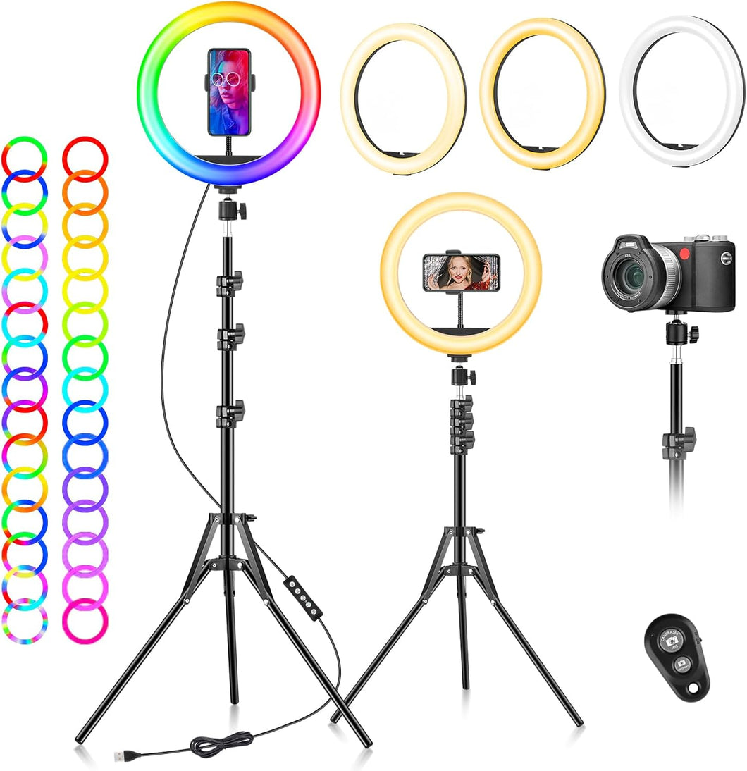 AWH Ring Light with Tripod Stand & Phone Holder - 10 inch Selfie LED Ringlight Dimmable Desktop Lamp 40 Colors RGB Tall Circle Light for Camera Makeup Video YouTube TikTok Live Streaming Zoom Meeting