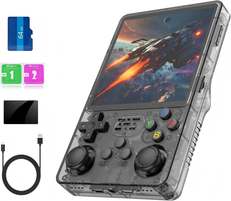 R36plus Retro Handheld Game Console 4.0 inch IPS Screen , Portable emulators Built-in 64G Card 26+ emulators ，preinstalled 15000+ Game（Transparent Black）
