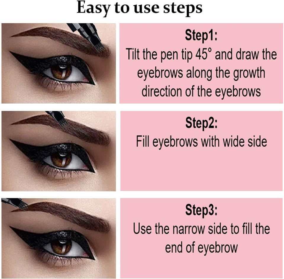 Eyebrow Pen Dark Brown，3 Pcs Waterproof 4 Point Eyebrow Pencil, with a Micro-Fork Tip Applicator Creates Natural Looking Brows Effortlessly, Stays on 24H (Dark Brown)
