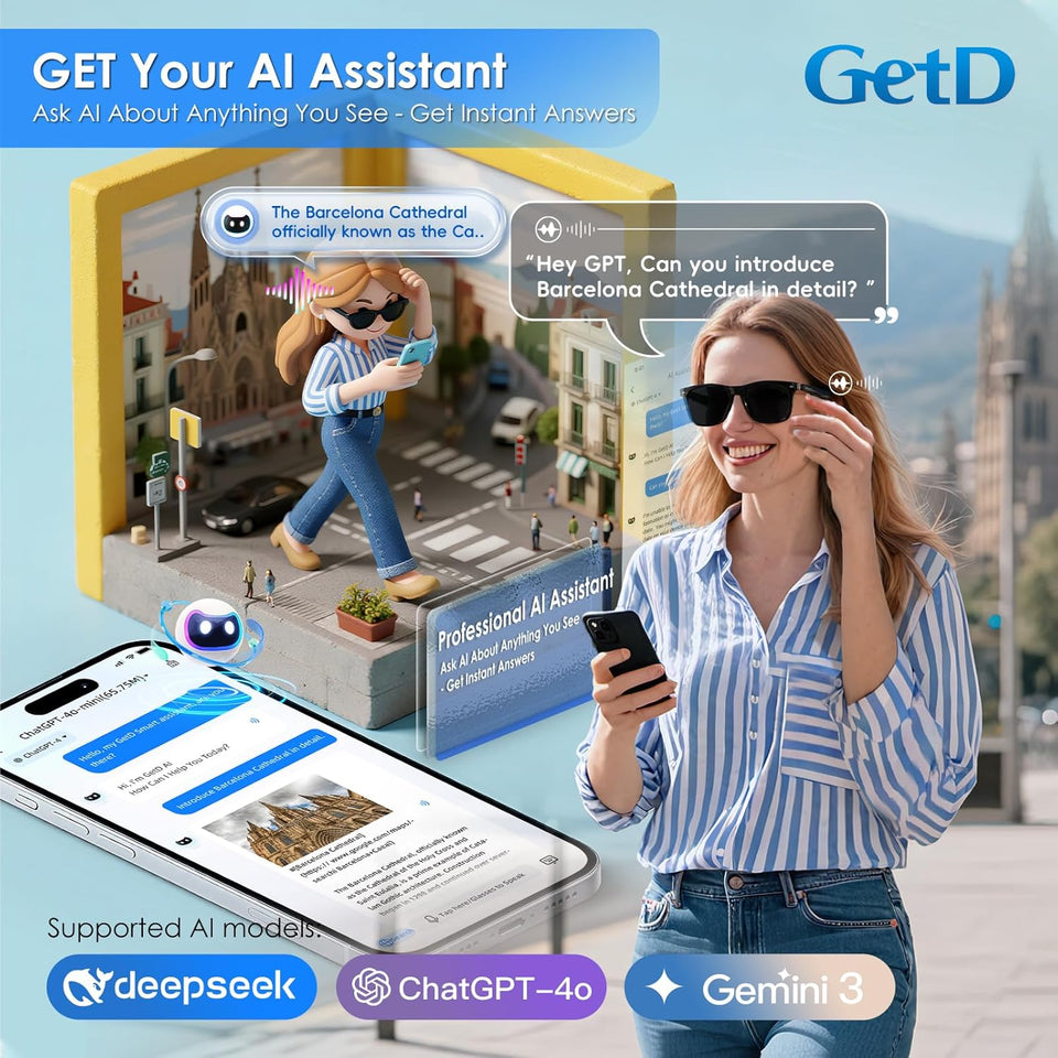 GetD AI Glasses, AI Assistant Powered by ChatGPT, Smart Glasses, Polarised Sunglasses, Bluetooth Smart Sunglasses for Men and Women, 2-in-1 Headphones and Glasses