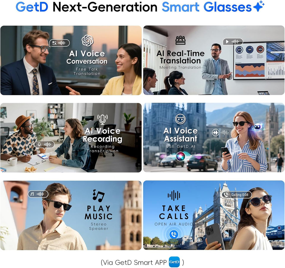 GetD AI Glasses, AI Assistant Powered by ChatGPT, Smart Glasses, Polarised Sunglasses, Bluetooth Smart Sunglasses for Men and Women, 2-in-1 Headphones and Glasses