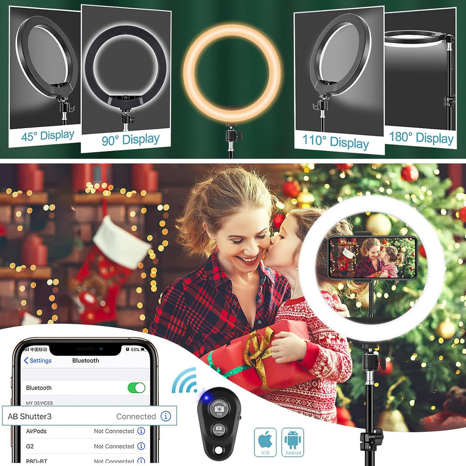 AWH Ring Light with Tripod Stand & Phone Holder - 10 inch Selfie LED Ringlight Dimmable Desktop Lamp 40 Colors RGB Tall Circle Light for Camera Makeup Video YouTube TikTok Live Streaming Zoom Meeting